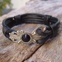 Black Leather Cuff Bracelet with Silver Filigree and Jet Crystal