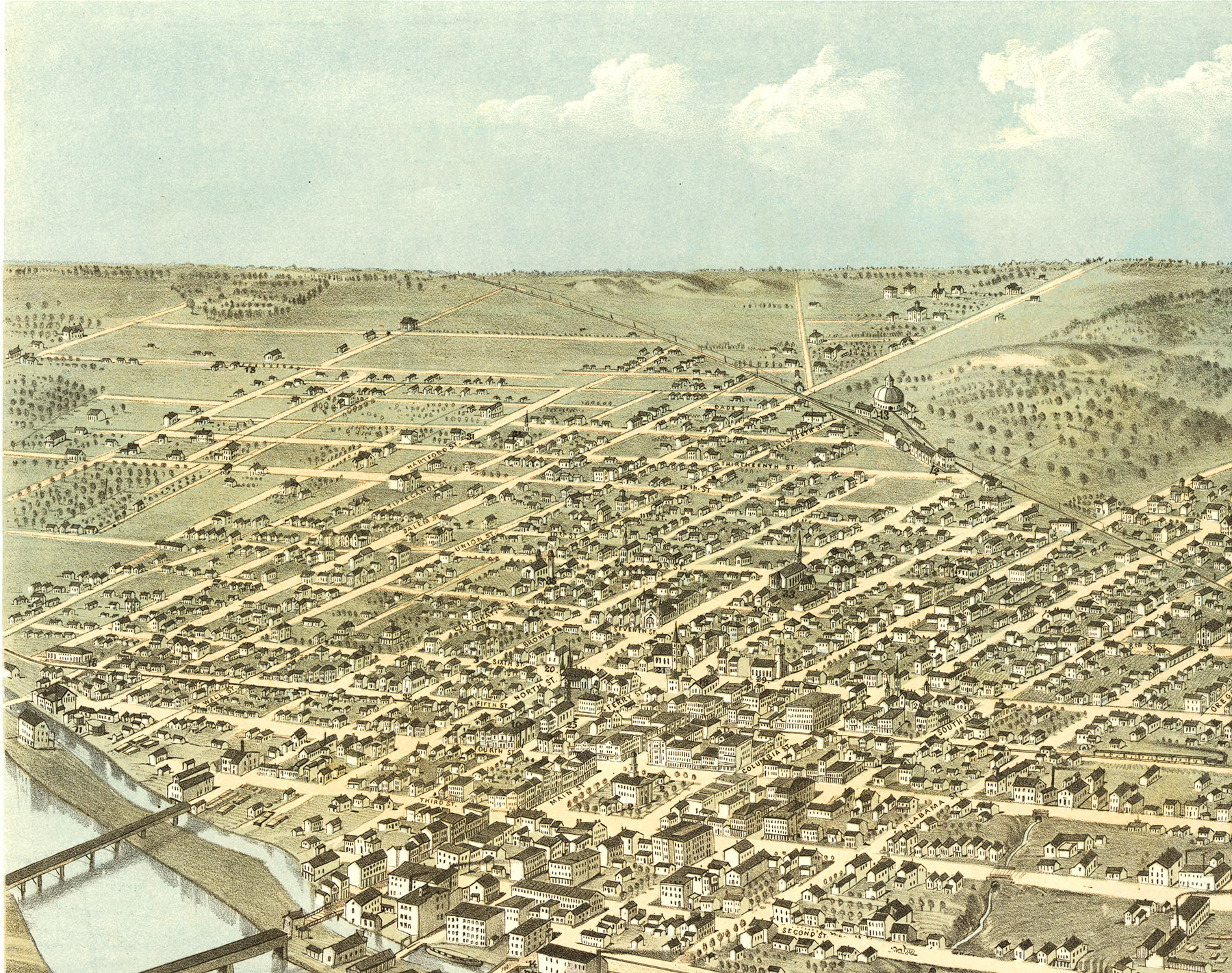 Lafayette, Indiana in 1868 Bird's Eye View Map, Aerial, Panorama