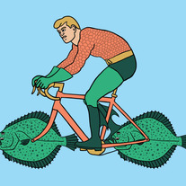 Aquaman riding bike with fish wheels, 5x7 print