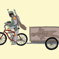 Boba Fett pulling Han solo on bike, 5x7 print