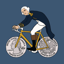 George Washington on bike with quarter wheels, 5x5 print