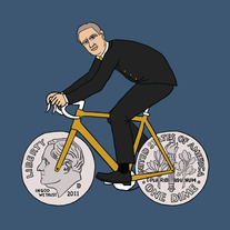 Franklin D Roosevelt riding bike with dime wheels, 5x5 print