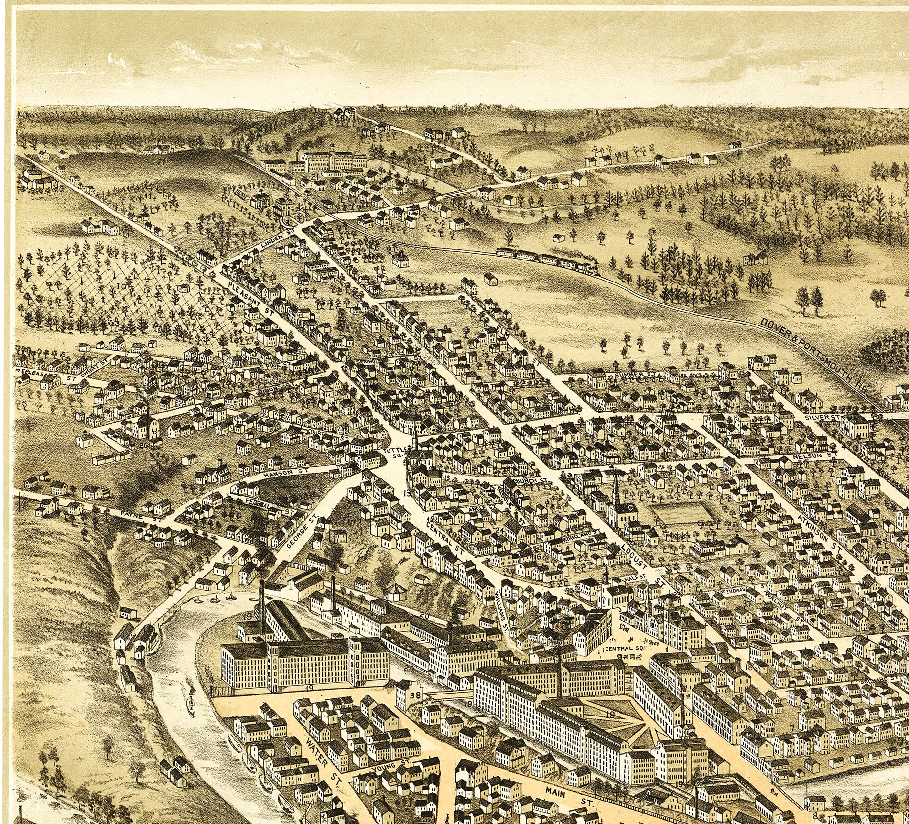 Dover, New Hampshire in 1877 Bird's Eye View Map, Aerial, Panorama