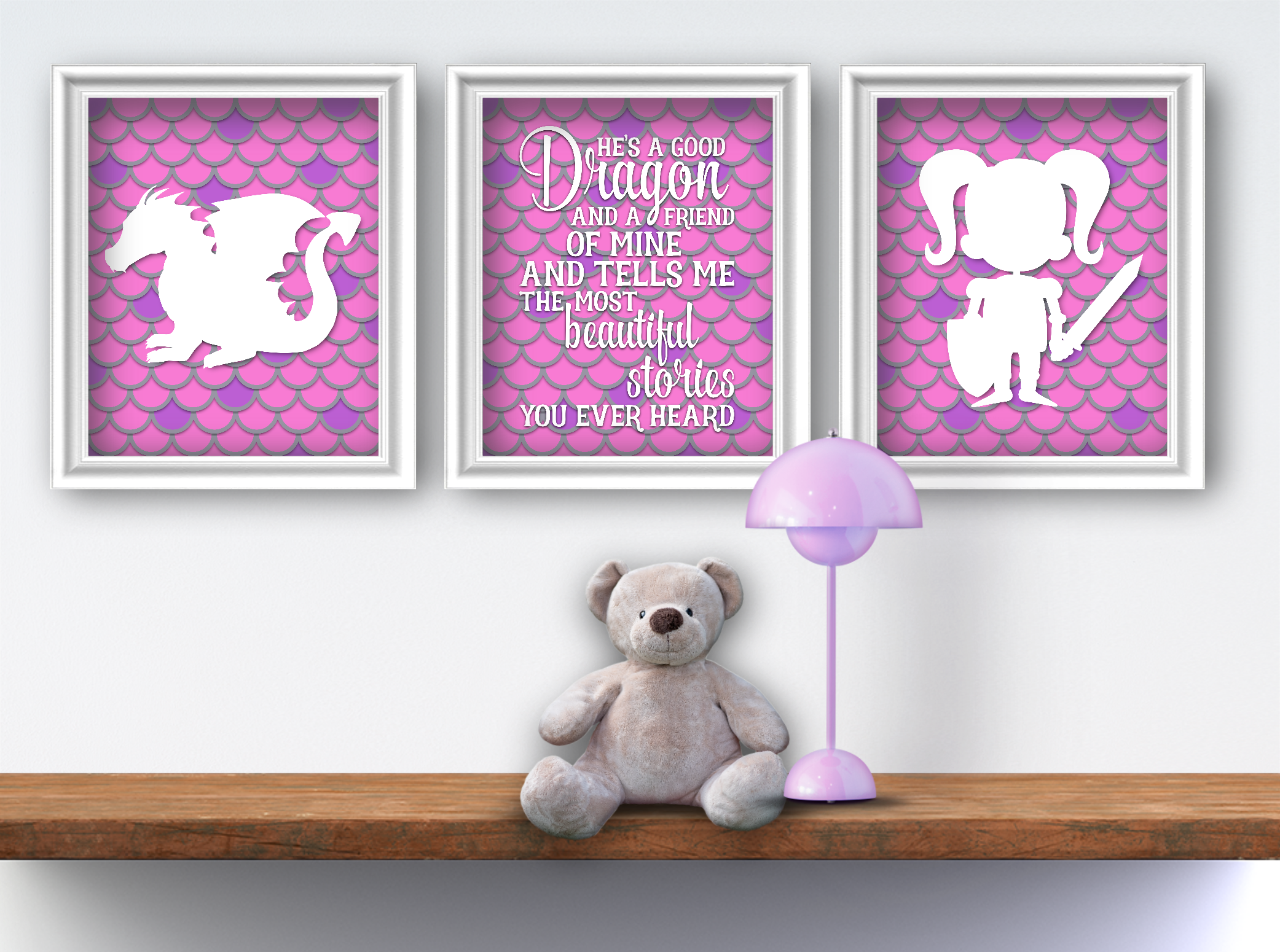 Girl's Dragon Nursery Decor Fairytale Bedroom Wall Art Brave Princess Wall Art Baby Shower