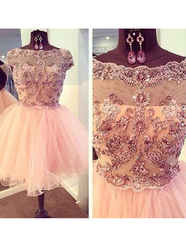 Pearl Pink Mini prom dress,Bateau Aline Short Tulle Cocktail Dresses