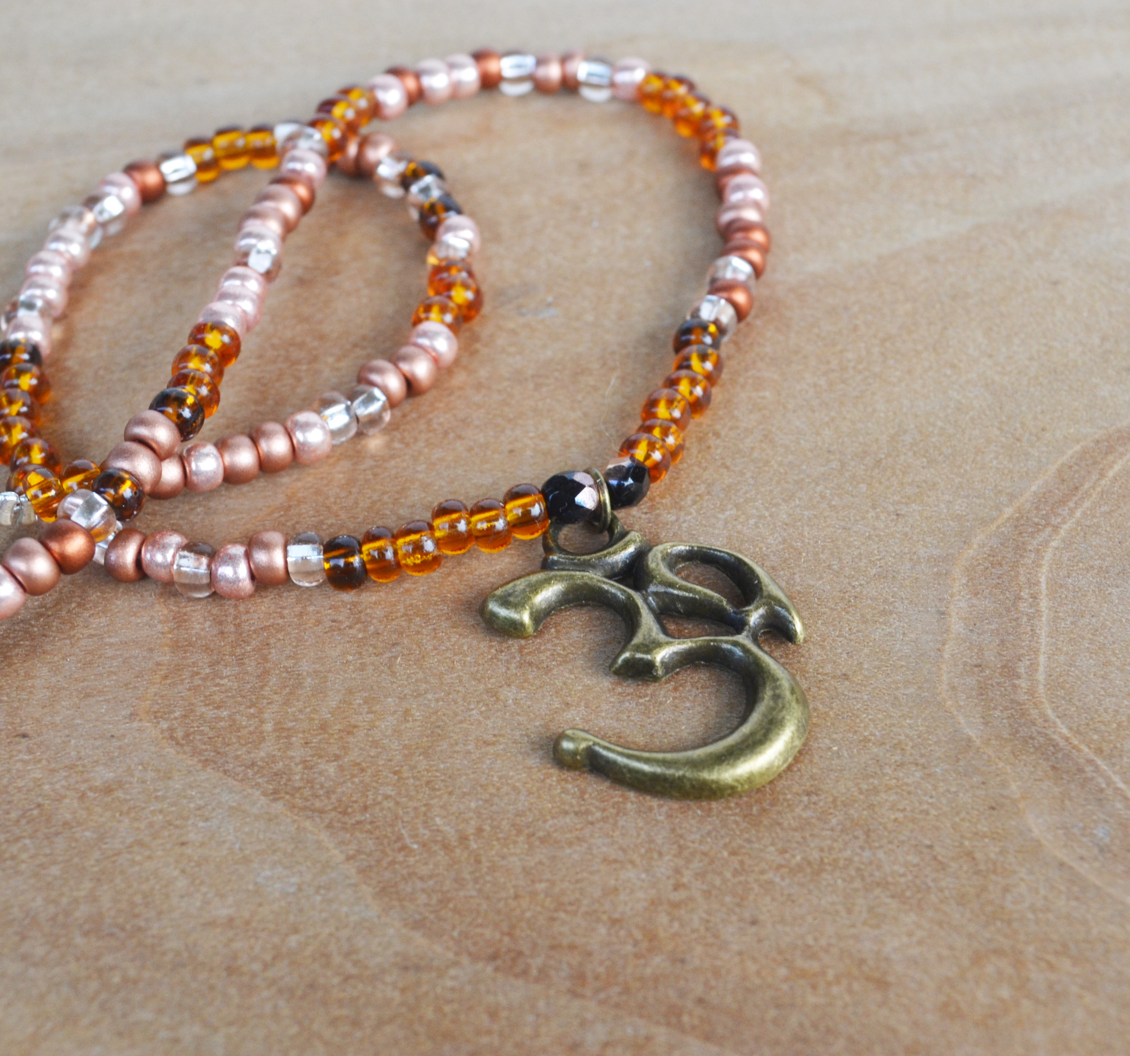 Om Necklace, Yoga Om Necklace, Yoga Jewelry, Beaded Necklace, Copper