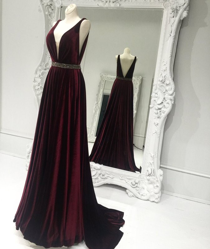Burgundy v neck long prom dress,burgundy formal dresses