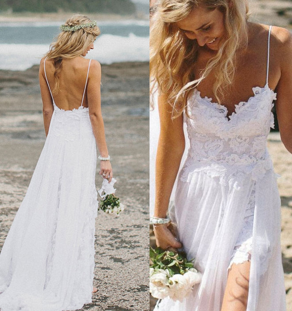 white linen beach wedding dress