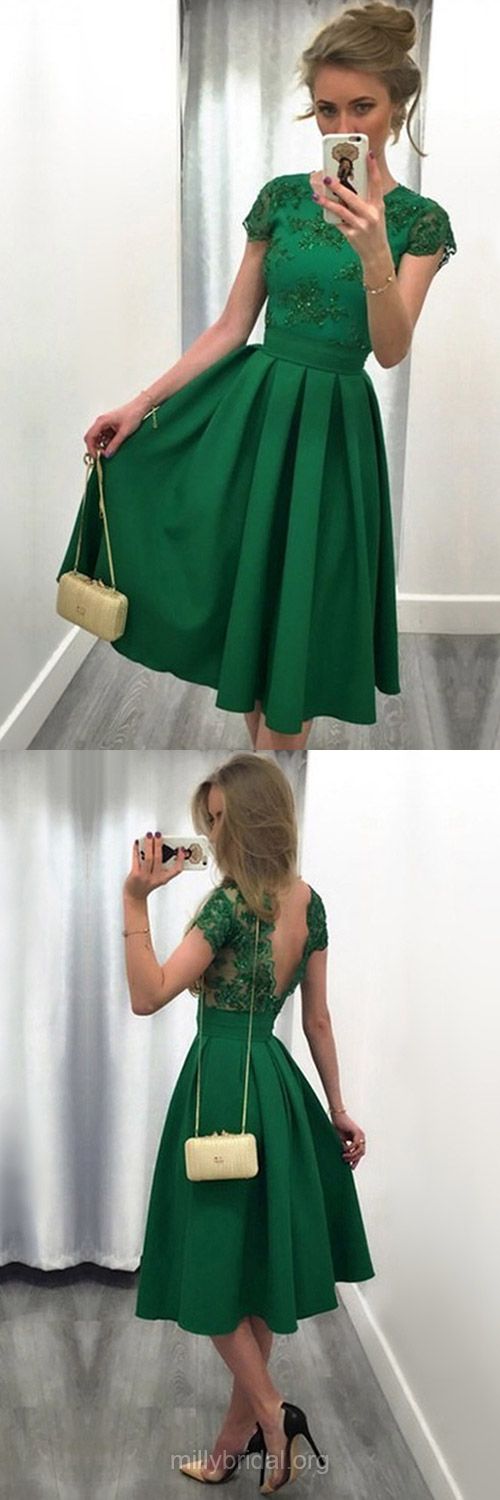 Green Dresses,Casual Aline Party Gowns,Scoop Neck Satin