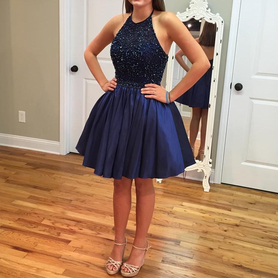 A Line Beaded Halter Satin Crystal Dresses Short Prom Gowns