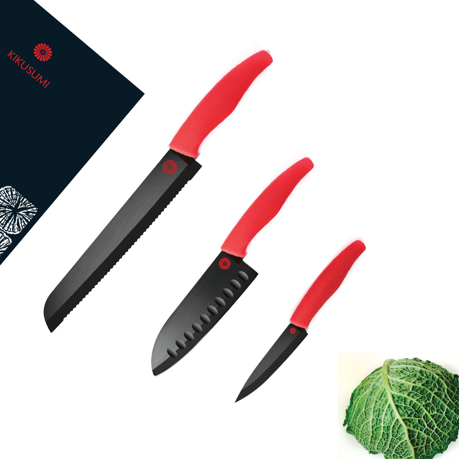 Kikusumi 3Piece Santoku Bread Knife Set BENI Red Handle 5.5 inch