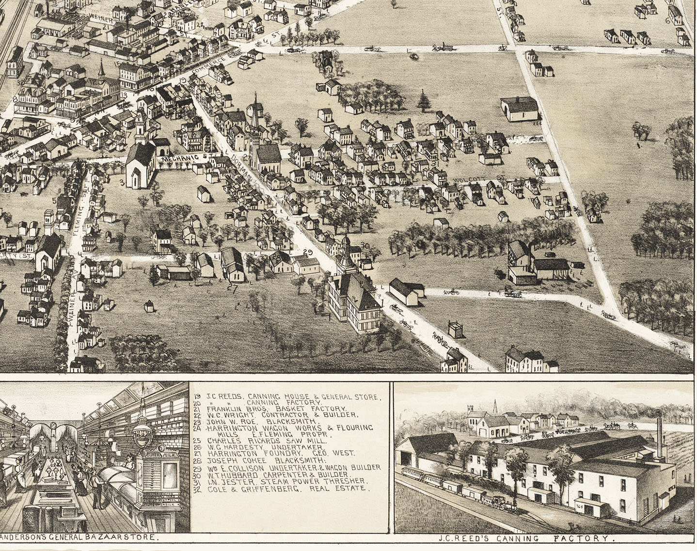 Harrington, Delaware in 1885 Bird's Eye View, Aerial Map, Panorama