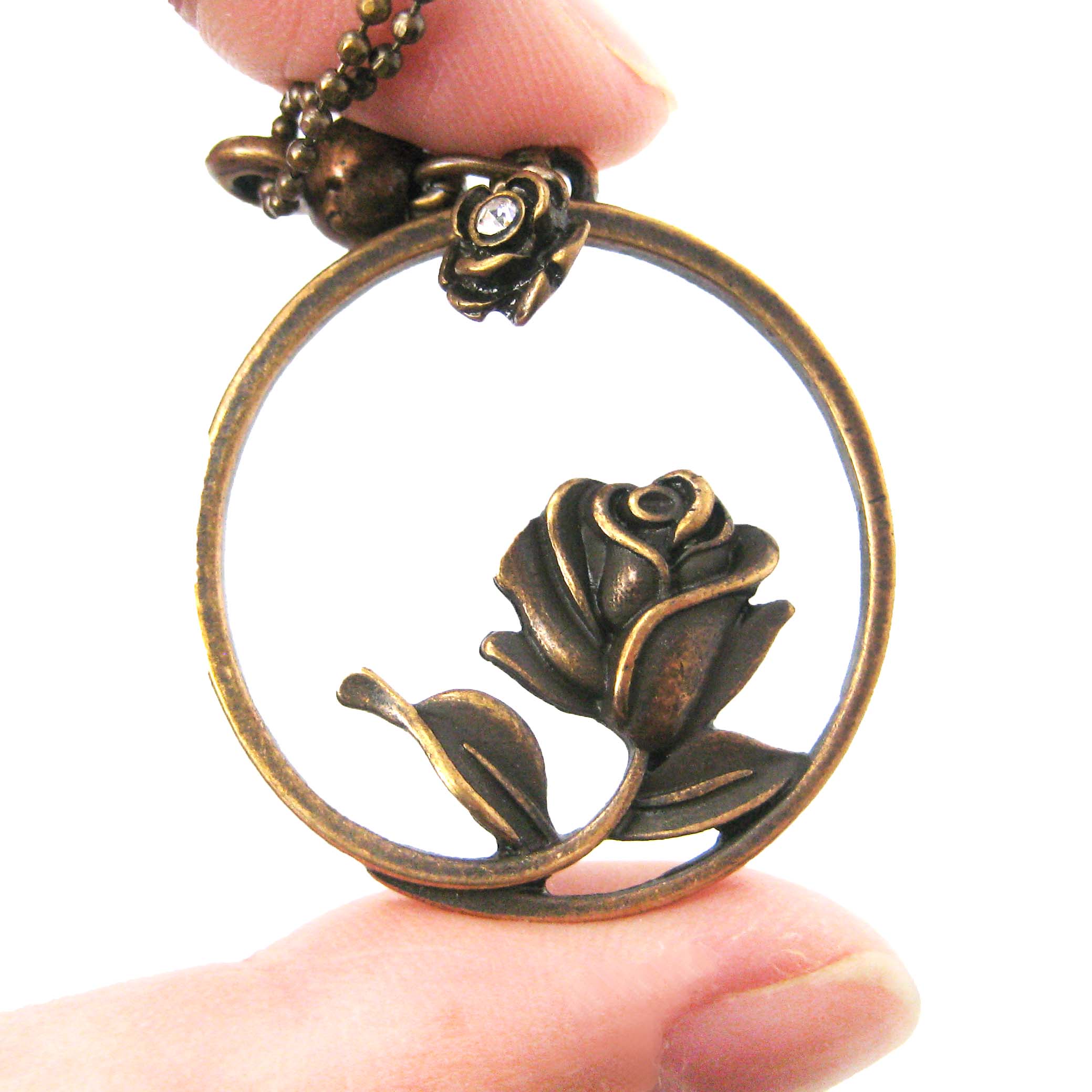 Beauty and the Beast Inspired Simple Rose Round Necklace in Bronze