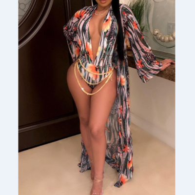 Floral print one piece swimsuit with cover up