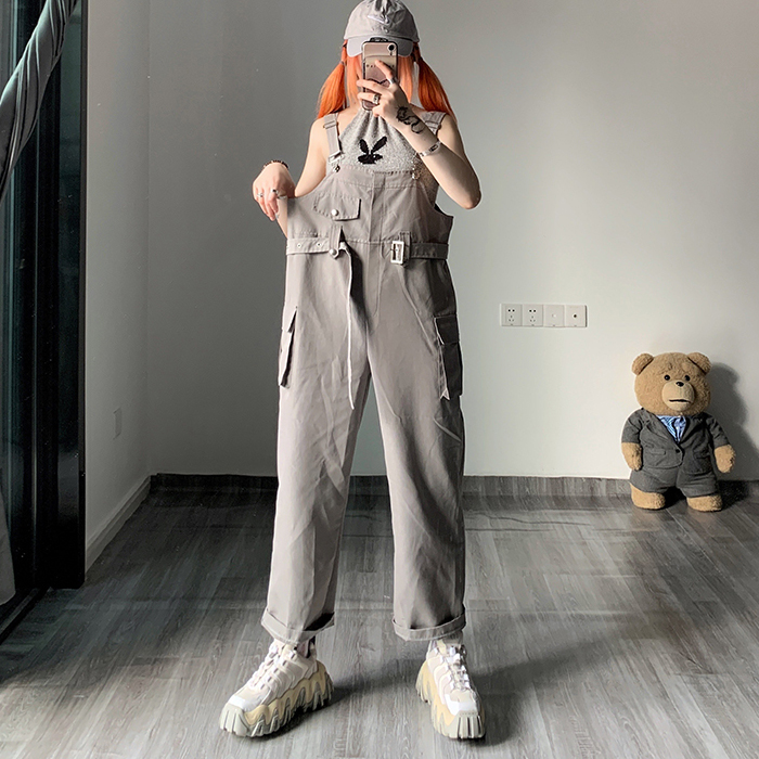 Retro Pocket Removable Waist Bandwidth Loose Wide Leg Jumper Pants College Department Â· FE 