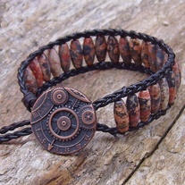 Black Leather and Leopard Skin Jasper Bracelet