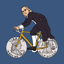 Ben Franklin on bike with half dollar wheels, 5x5 print