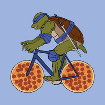 Leonardo on bike with pizza wheels, 5x5 print
