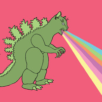 Godzilla Cat breathing rainbow, 5x7 print