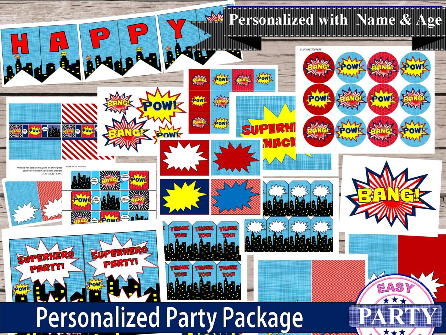 Superhero Personalized Party Package Cupcake Toppers Hero Party