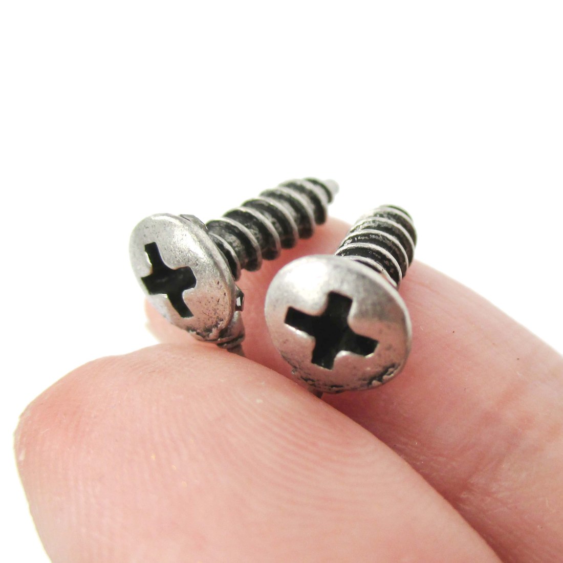 Realistic Screw Shaped Stud Earrings in Silver with Rhinestones