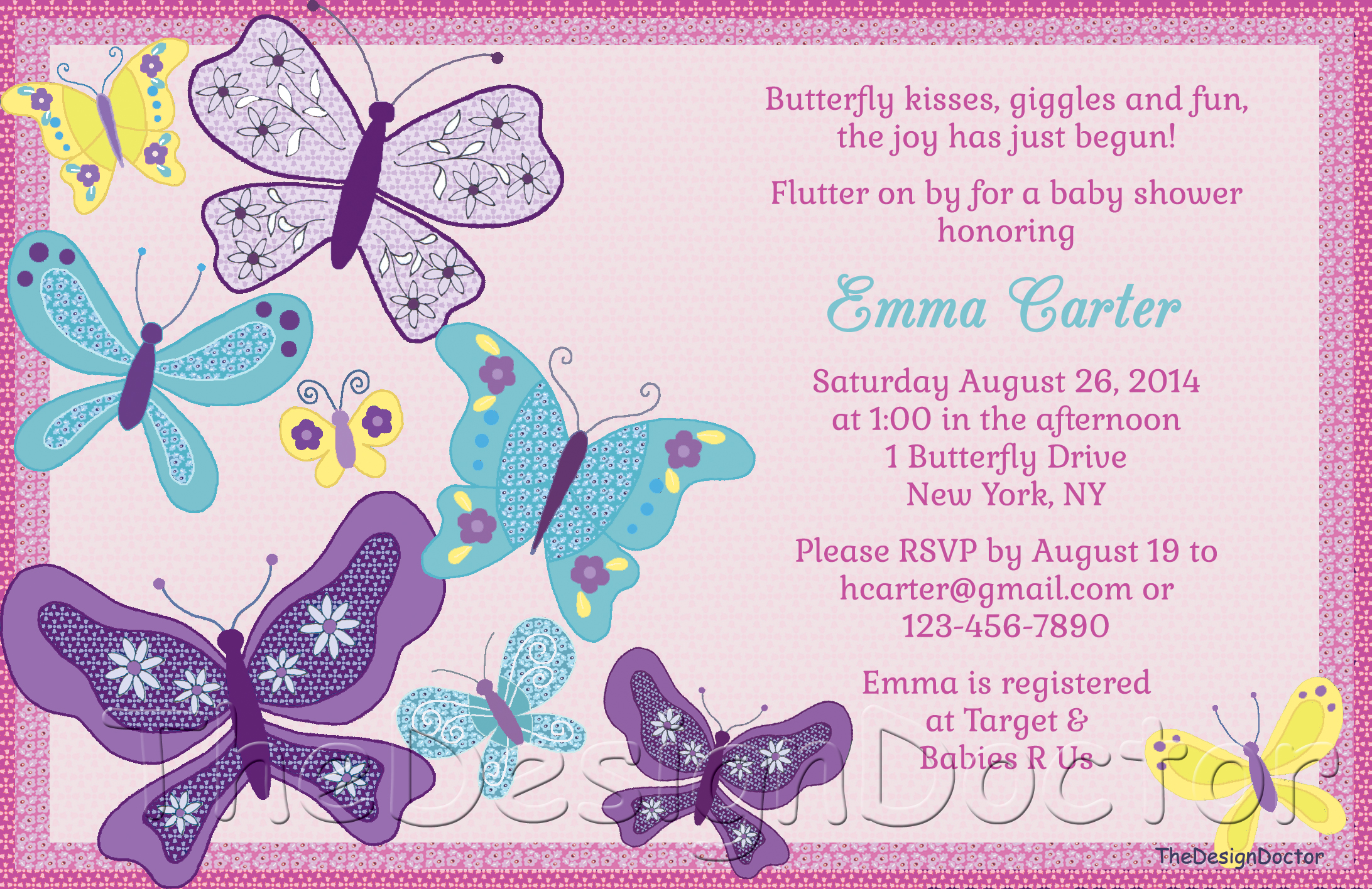 Bright Pink Beautiful Butterflies Baby Shower Invitation And Thank
