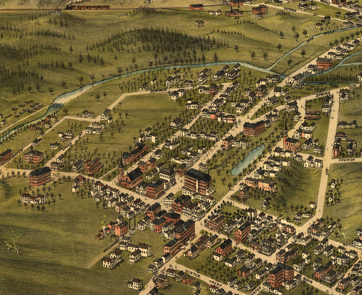 Farmington, NH in 1877 Bird's Eye View Map, Aerial, Panorama, Vintage