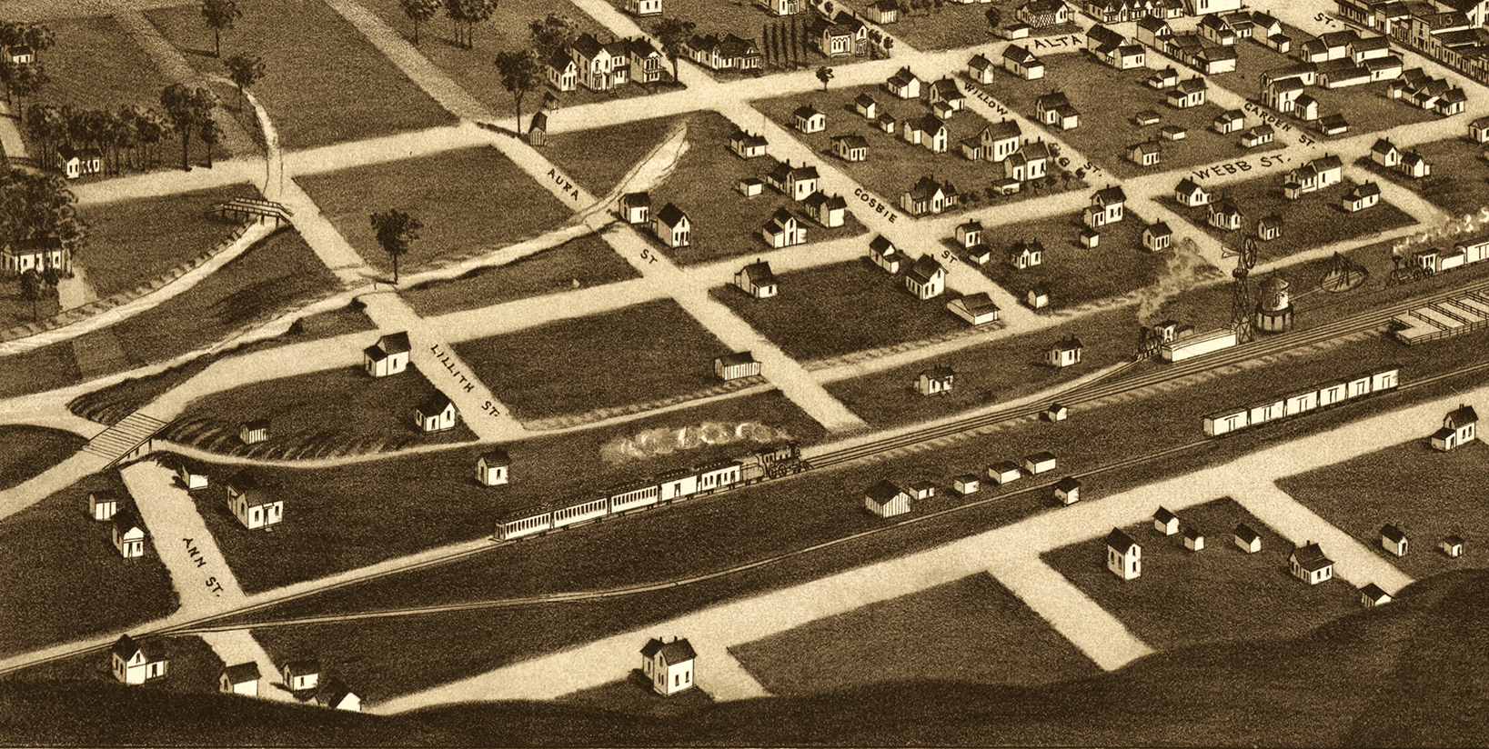 Pendleton, Oregon in 1884 Bird's Eye View Map, Aerial Map, Panorama