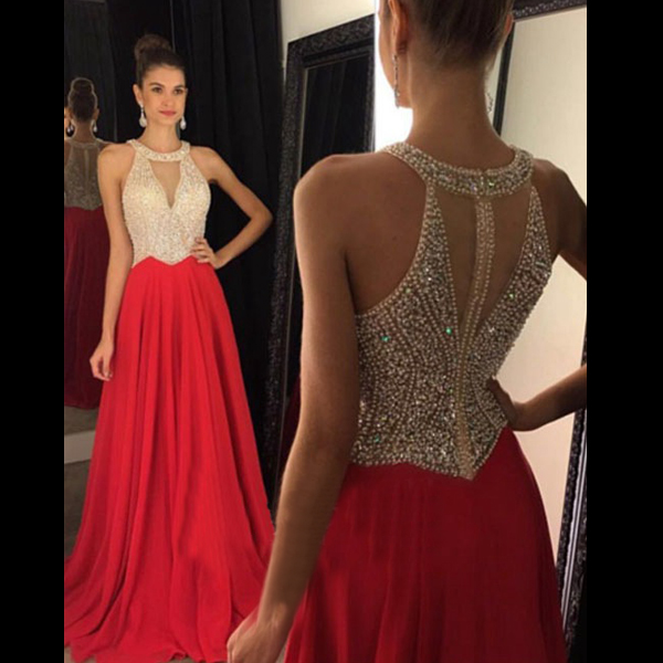 Red Beaded Halter Prom Dress