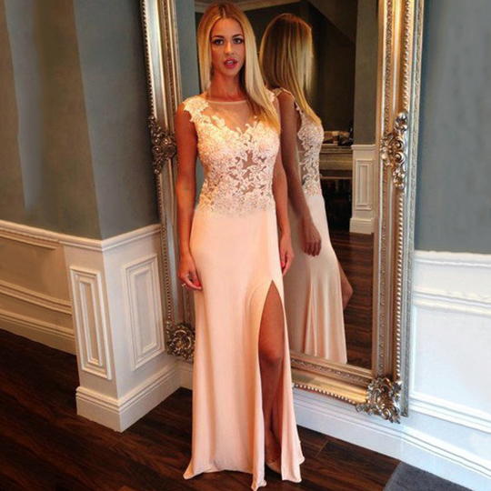 Floral Lace Illusion Prom Dresses with Side Slit, White
