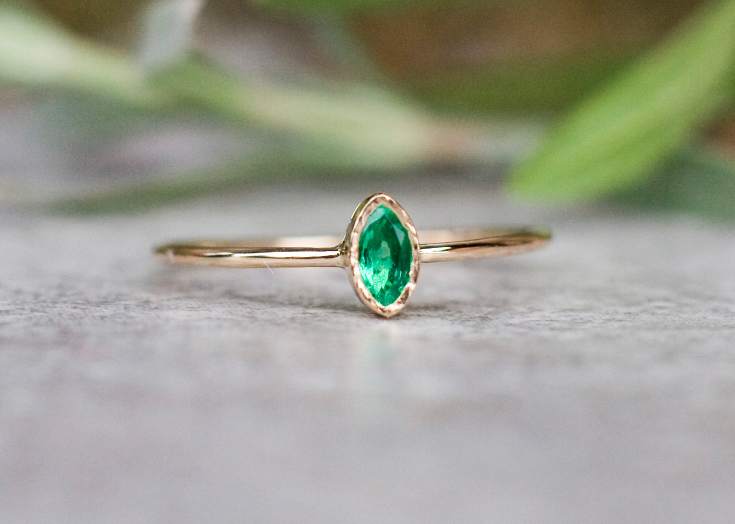 Marquise emerald ring in 14k gold, emerald engagement ring, green