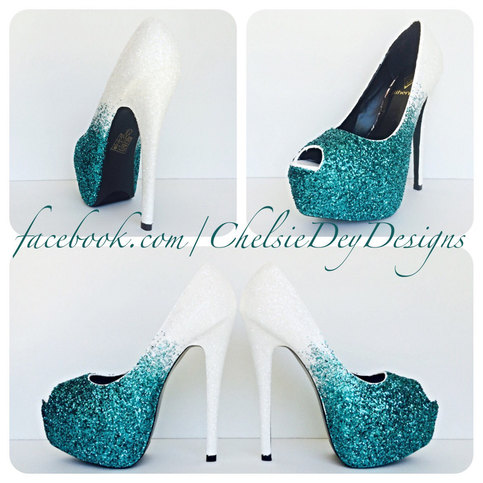 Glitter High Heels - Teal Blue White Ombre Peep Toe Pumps