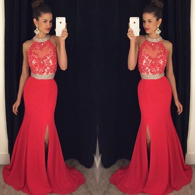 red chiffon evening gown