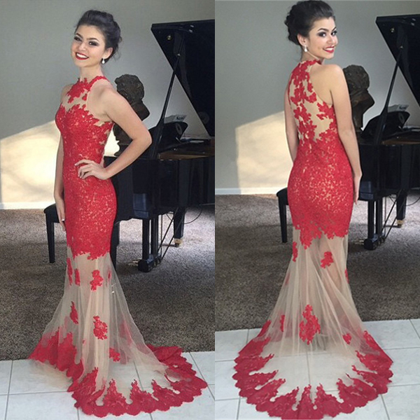 Red lace high neck prom dress
