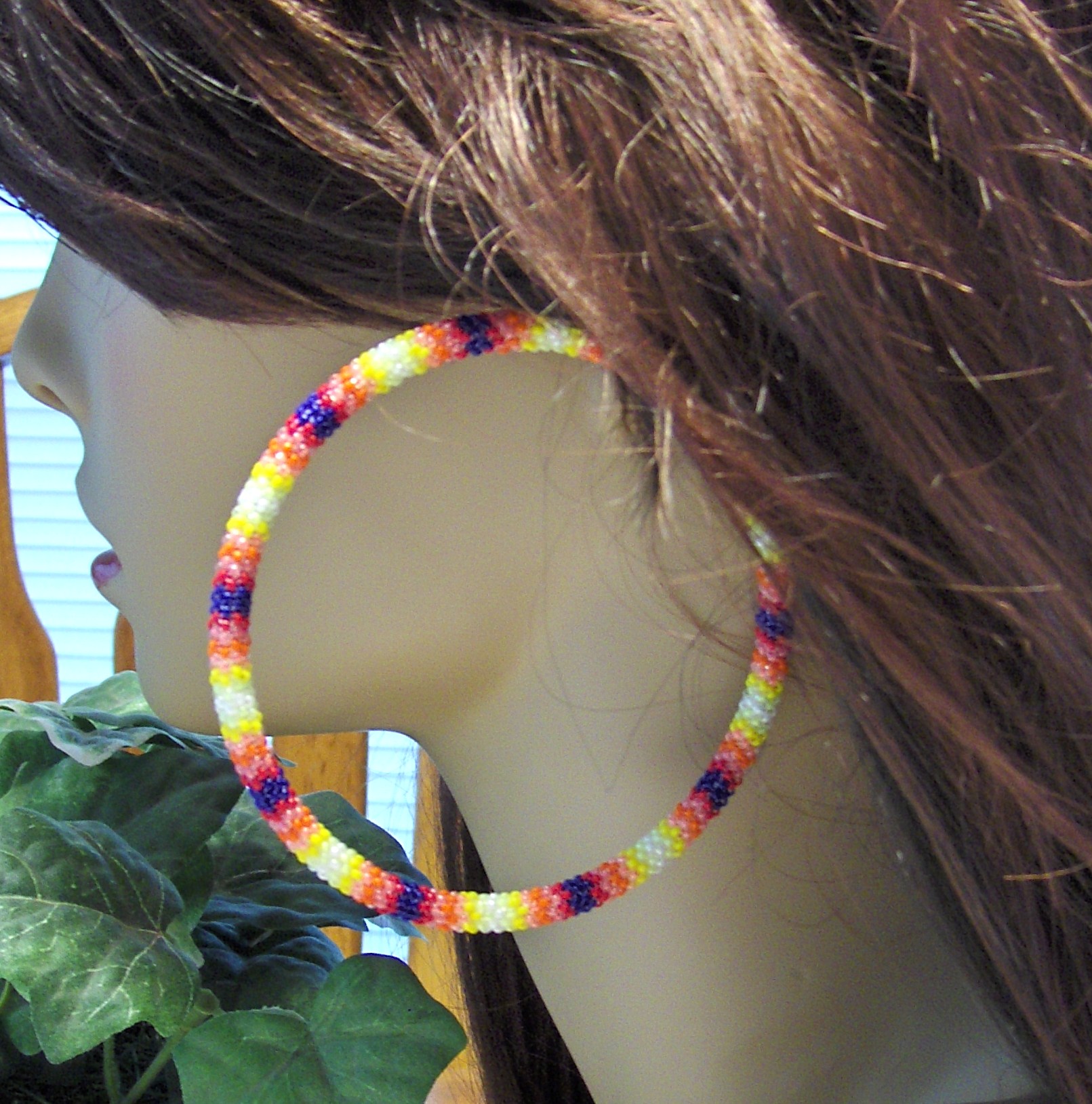 Blue And Fire Colors Extra Large Beaded Hoop Earrings 3" Diameter on