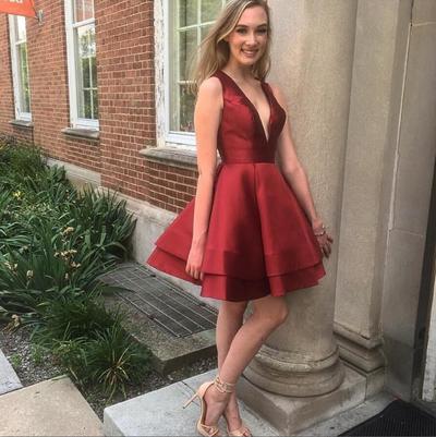 red satin short prom dress