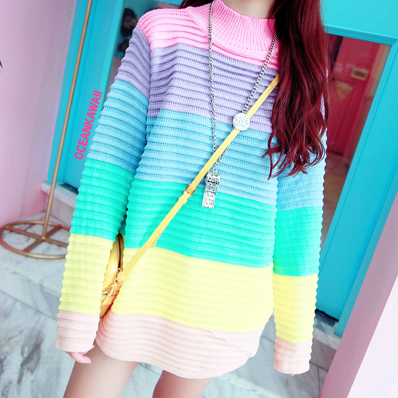 PASTEL RAINBOW KNIT HIGH NECK JUMPER · OCEAN KAWAII · Online Store