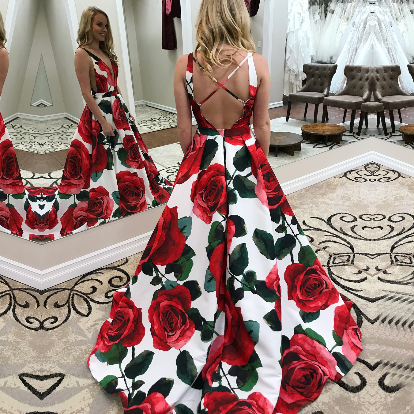 V neck a line dress red floral pattern