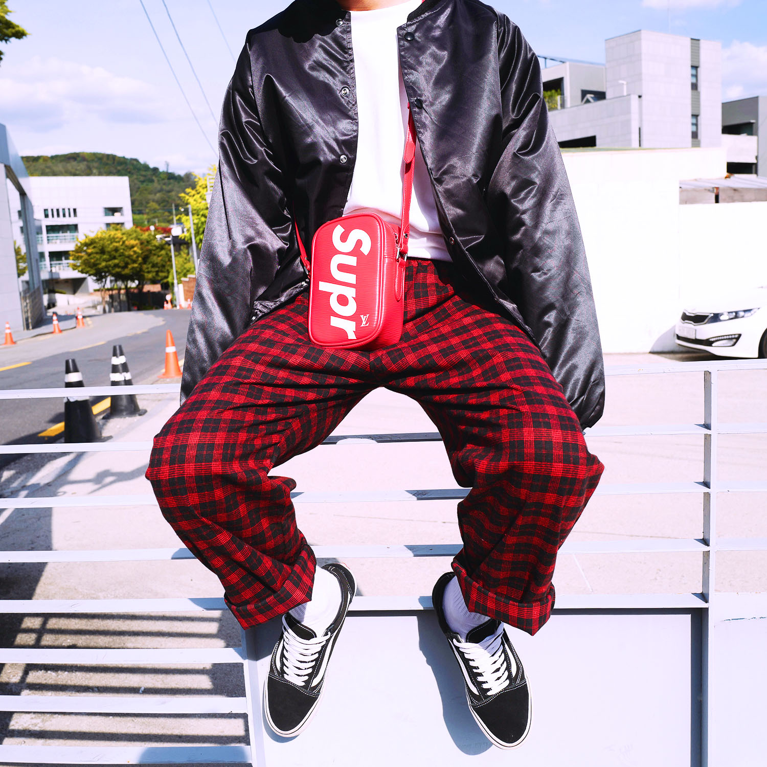 red plaid wide leg pants