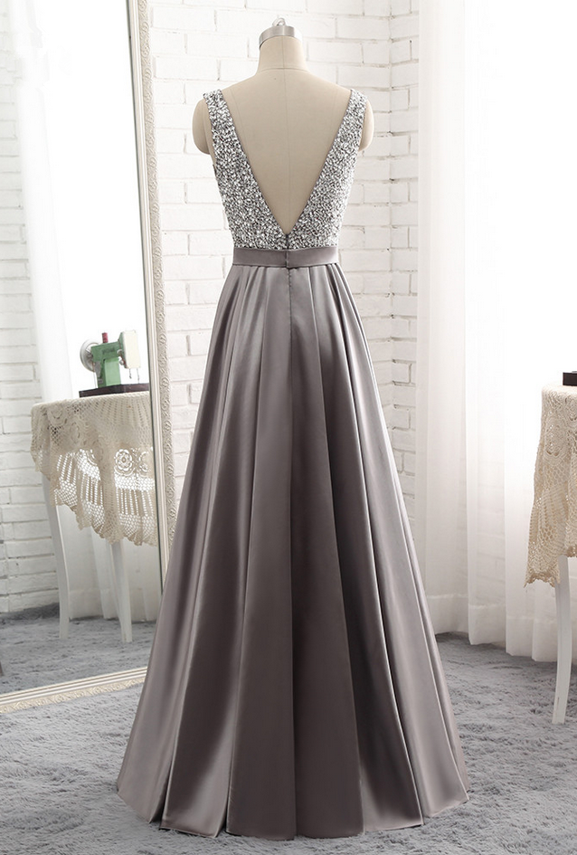 grey satin prom dress