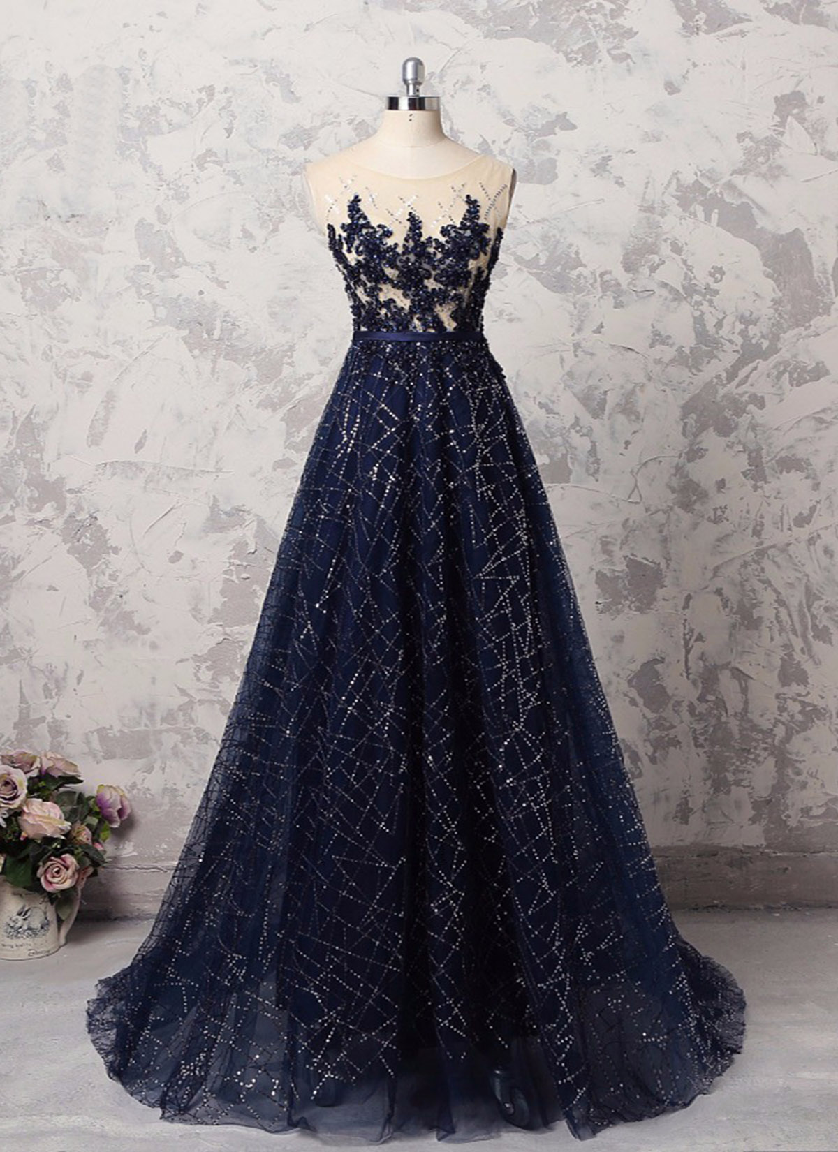navy blue sequin formal dress