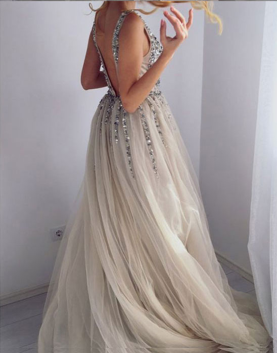 Hot Sell V Neck Long Prom Dresses with Silver Sequined · dressydances