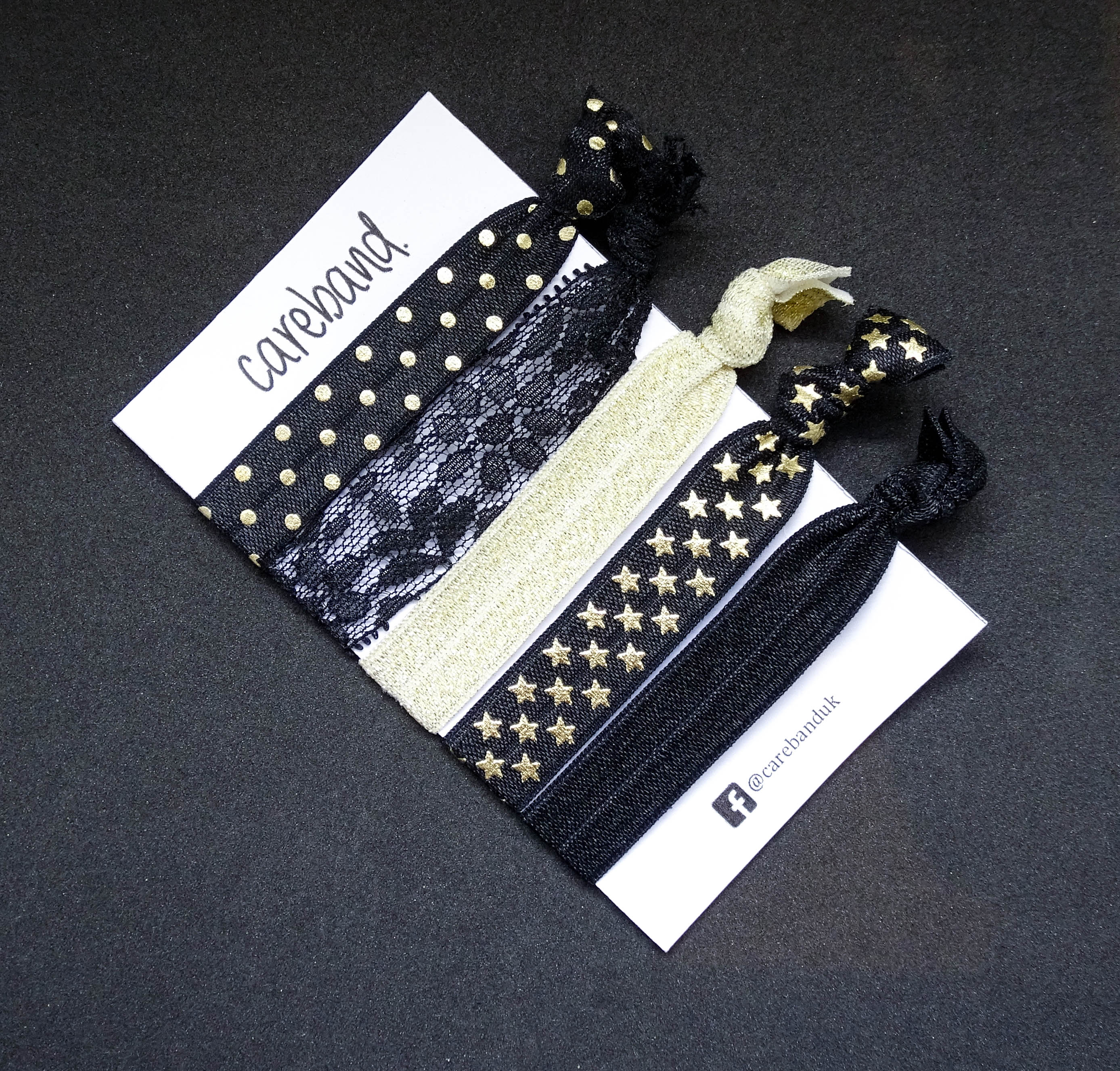 Set Of 5 Black Gold Star Print Creaseless Hair Ties No Damage