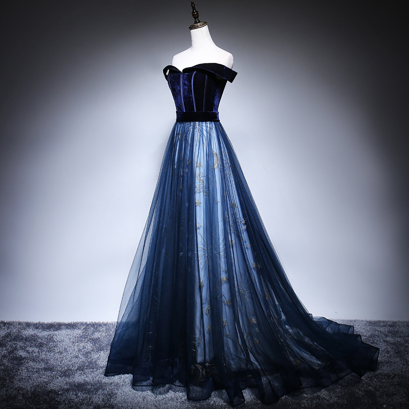 Dark blue velvet off shoulder long prom dress, evening dress on Storenvy
