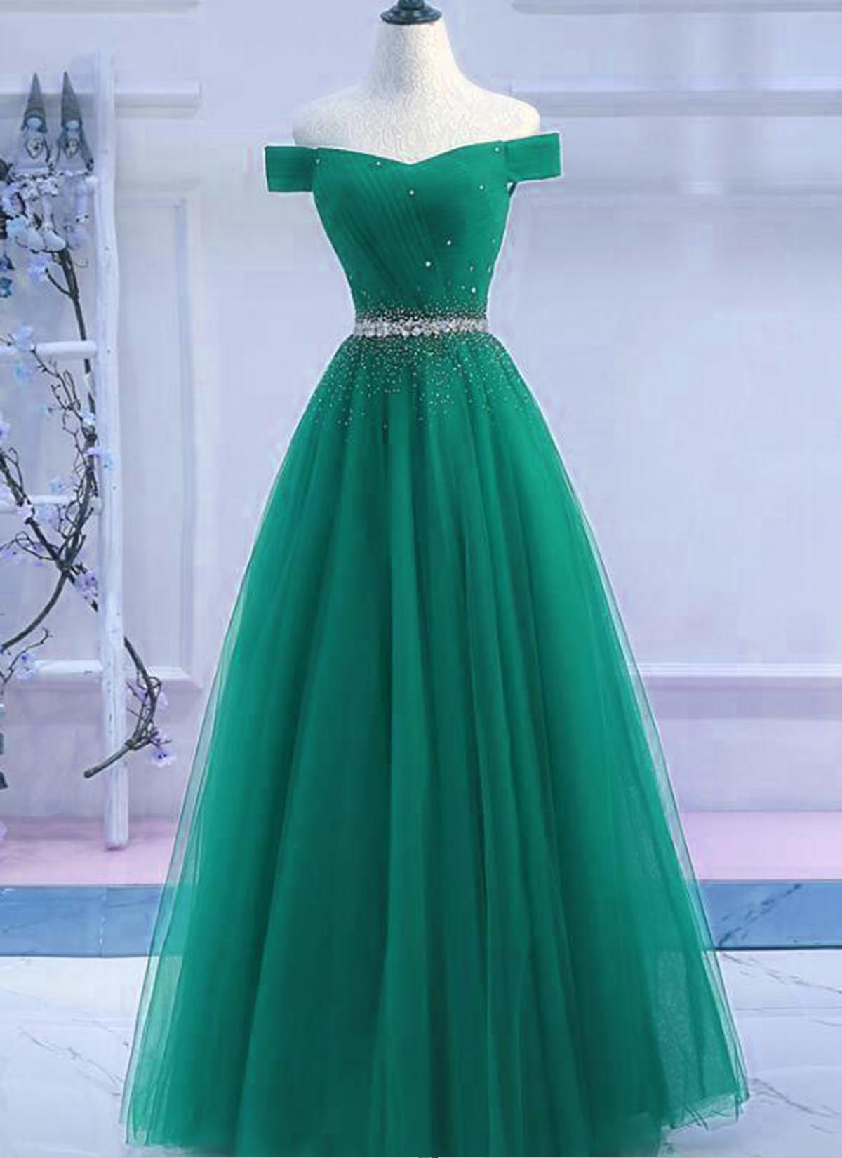 green off shoulder prom dress