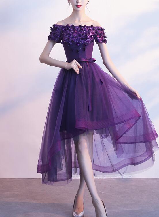 Beautiful Purple High Low Dress, Tulle Off Shoulder Party Dresses on ...