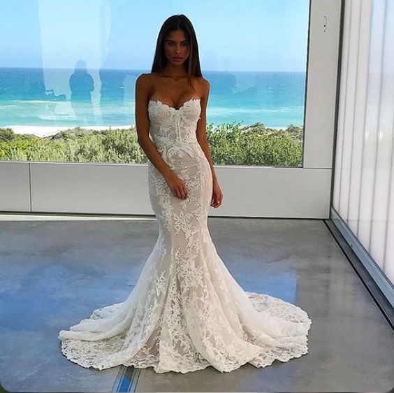 Mermaid Long Sleeves High Neck Sweep Train Lace Boho Wedding Dress
