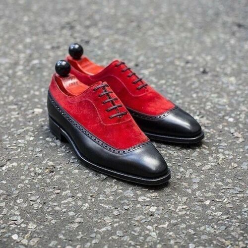 Mens Red Black Leather Suede Lace Up Shoes Men Dress Formal Square Toe ...