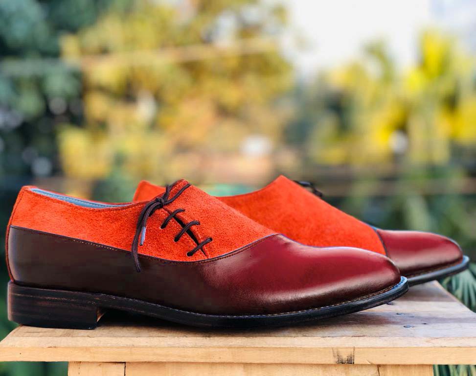 Handmade Men’s Burgundy & Tan Dress Shoes, Men Leather & Suede Lace Up