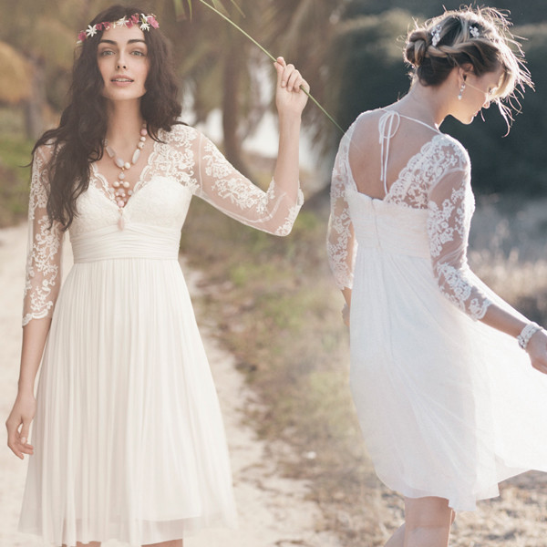 Romantic White Chiffon Short Wedding Dresses with Sleeves ...